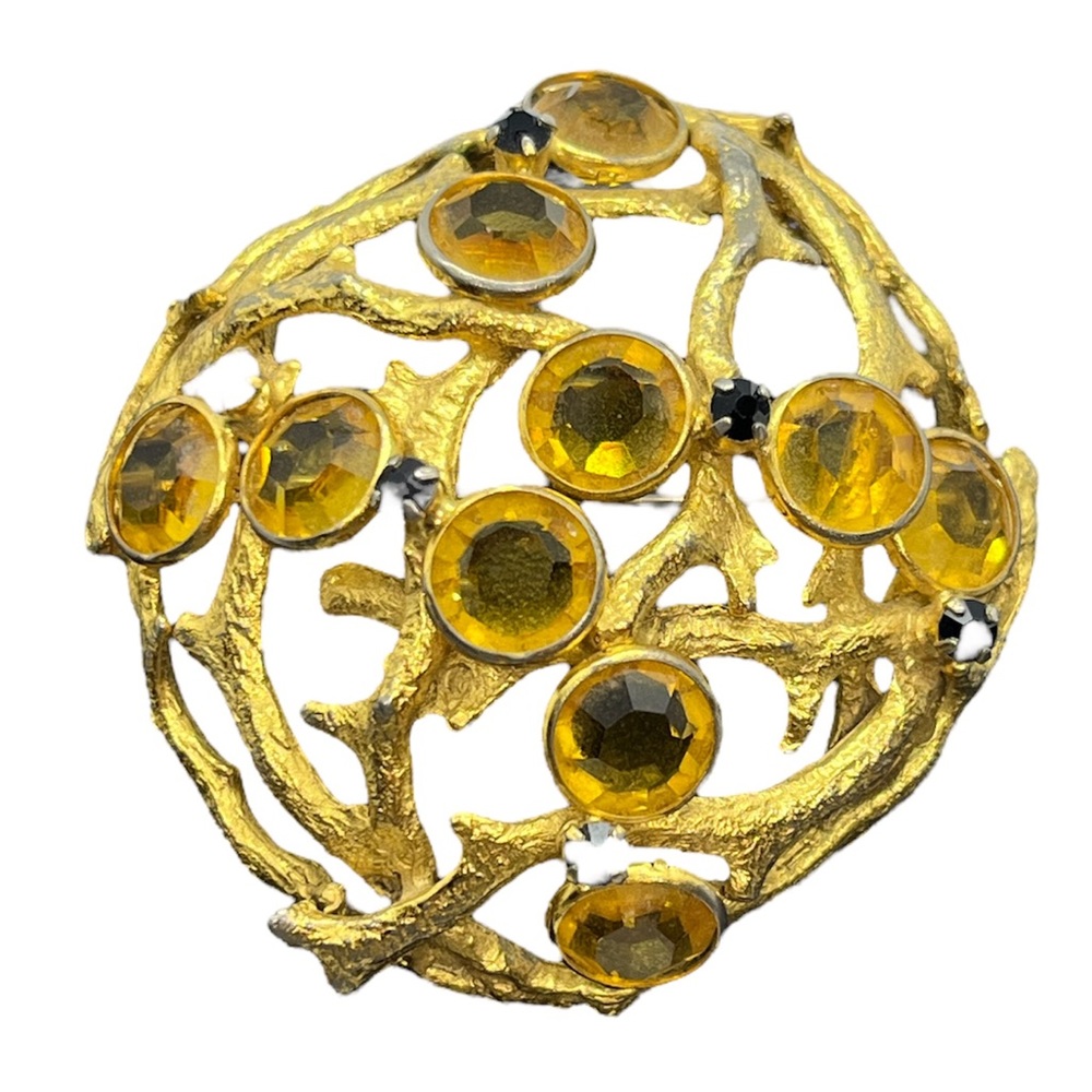 Dalsheim signed vintage 1950’s gold tone abstract brooch pin glass & rhinestones